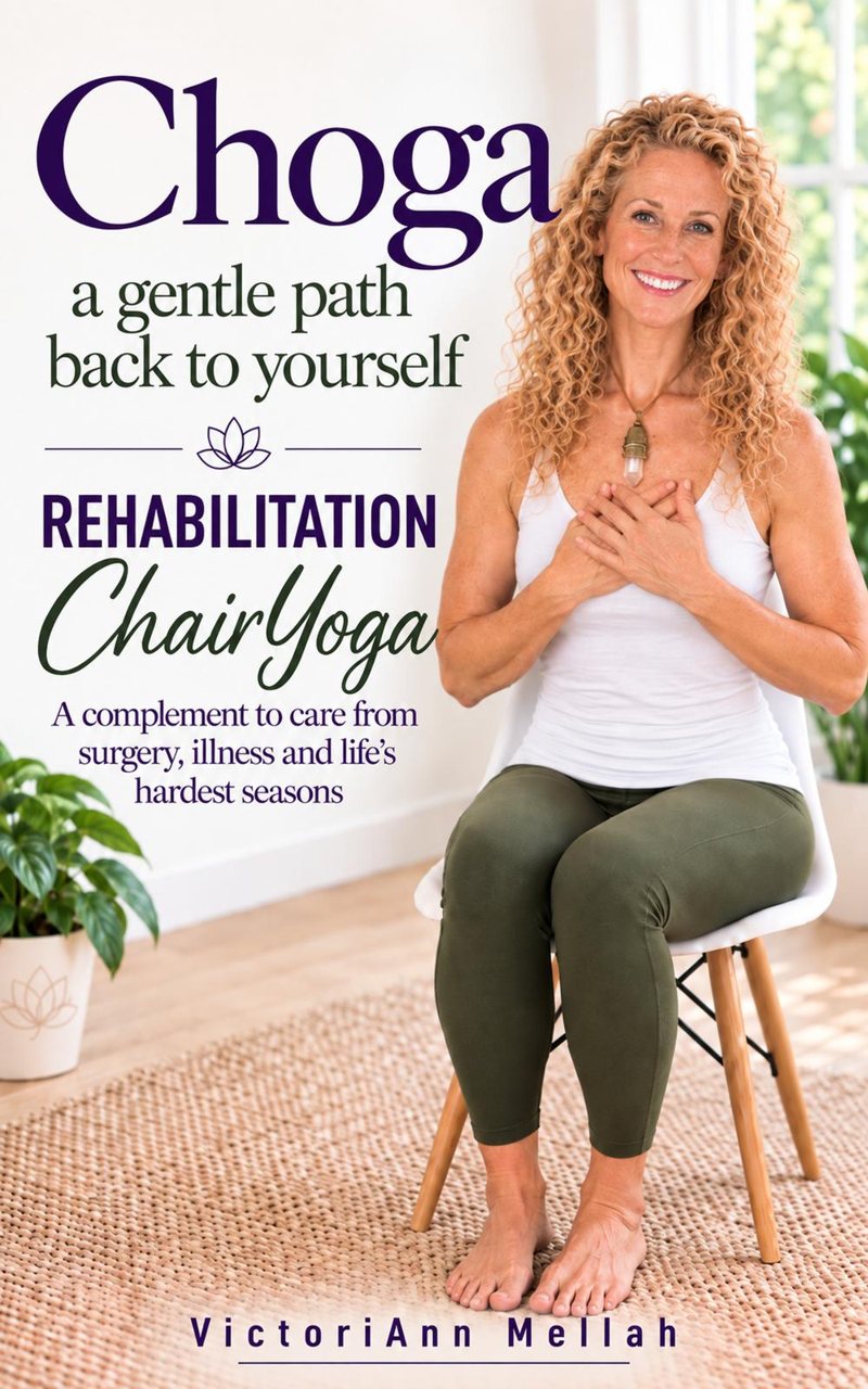 Cover of Choga: Rehabilitation Chair Yoga, by VictoriAnn Mellah. A woman with curly hair smiles in a white chair, hands over her heart.